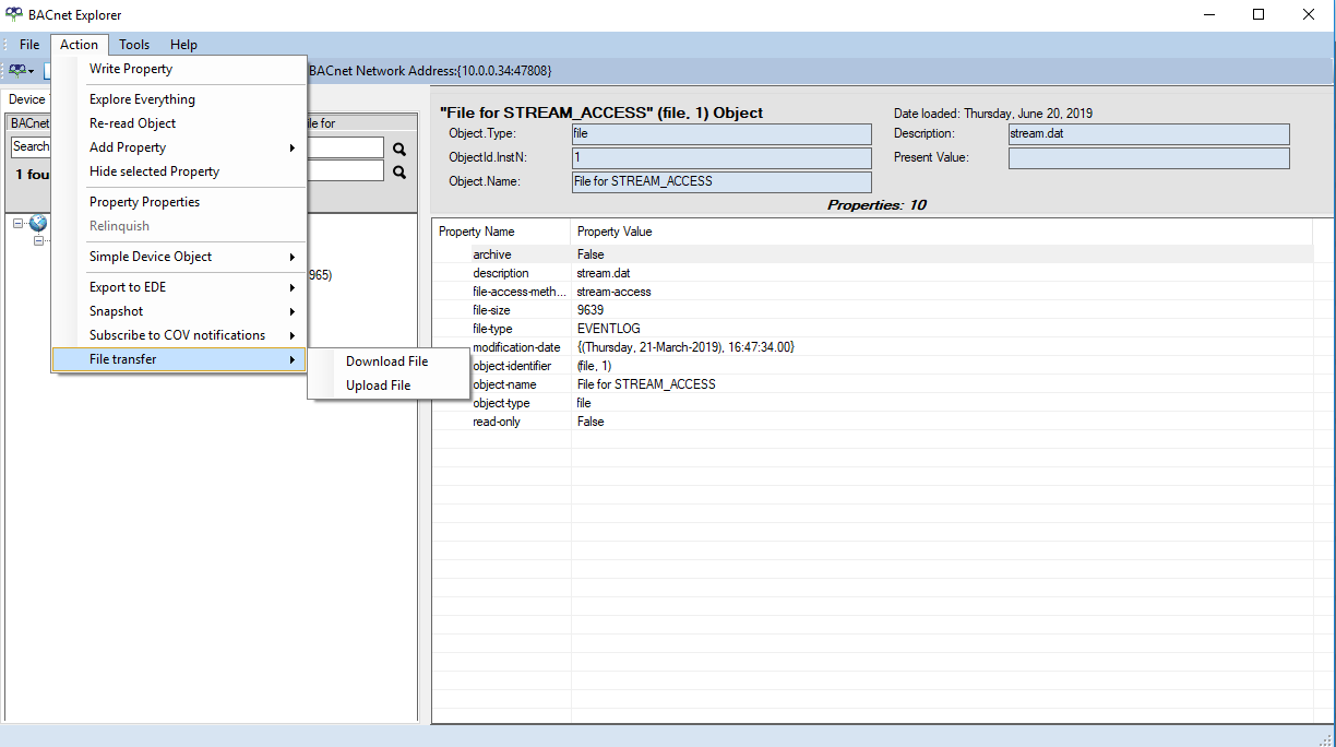 Transfer files in BACnet Explorer via Action menu.