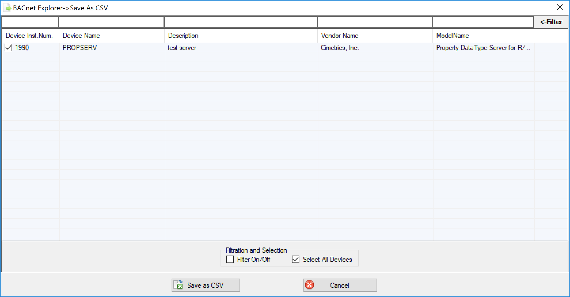 Snapshot save to .csv file filter objects